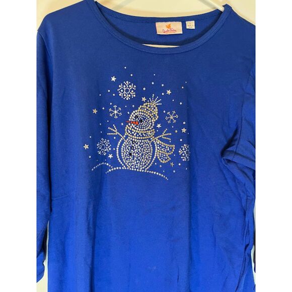Quacker Factory Top L Blue Beaded Snowman 3/4 Sleeve Winter Holiday Whimsical - Picture 4 of 5